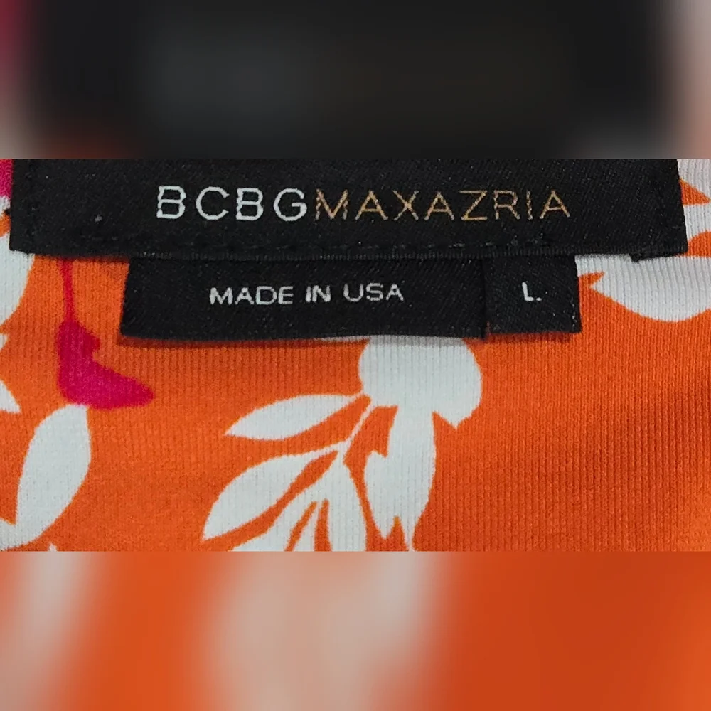 ​BCBGMAXAZRIA Floral Wisteria Faux Wrap Midi‎ Dress Orange Pink Size L Like New